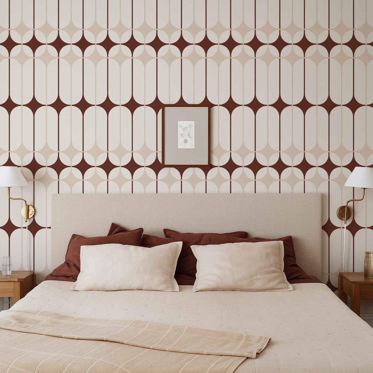 a modern bedroom with a large bed, a neutral color scheme, and a patterned wallpaper.