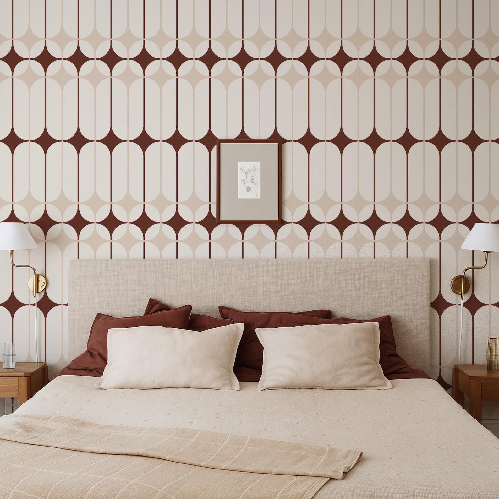 a modern bedroom with a large bed, a neutral color scheme, and a patterned wallpaper.