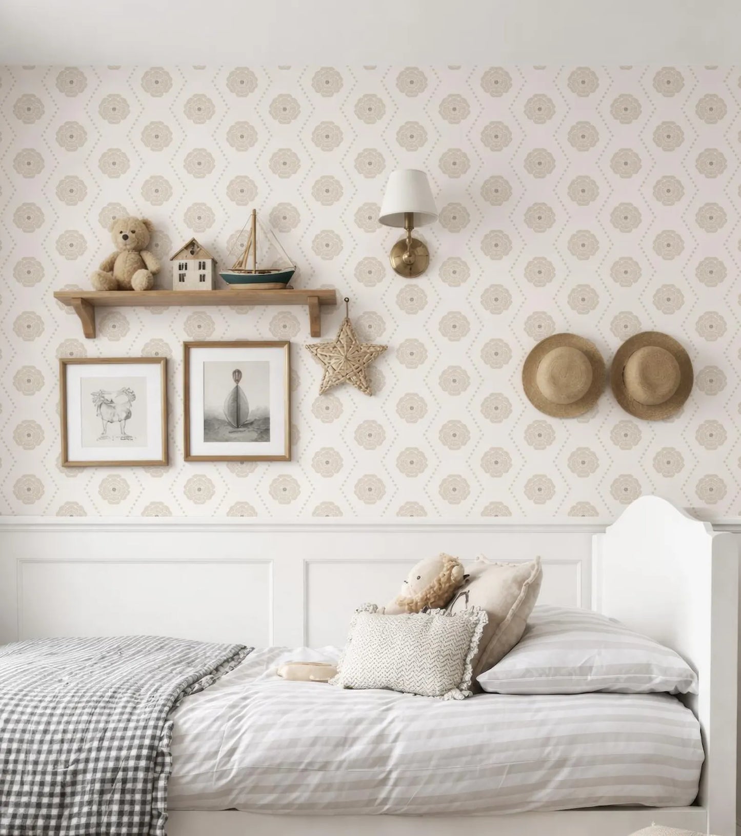 a cozy and well-decorated bedroom with a bed, shelves, and various decorative elements.