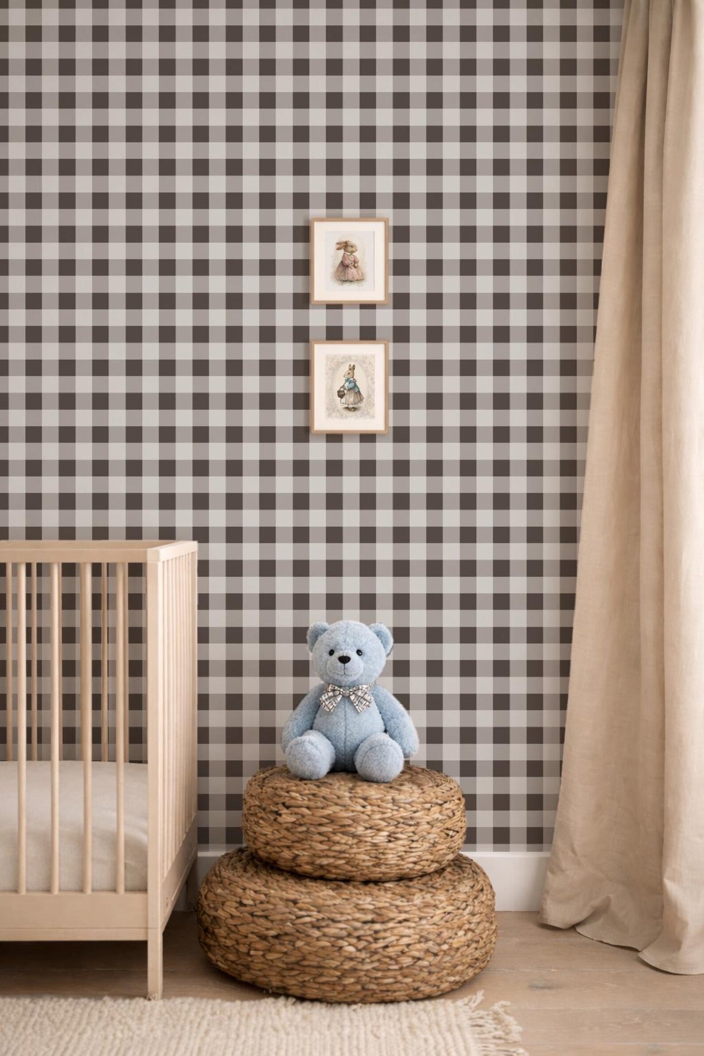 a cozy nursery scene with a wooden crib, a blue teddy bear sitting on a stack of woven baskets, and a checkered wallpaper.