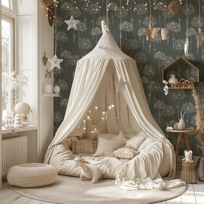 A cozy and inviting bedroom with a canopy bed, plush bedding, and a variety of decorative elements such as stars, plants, and other accessories.