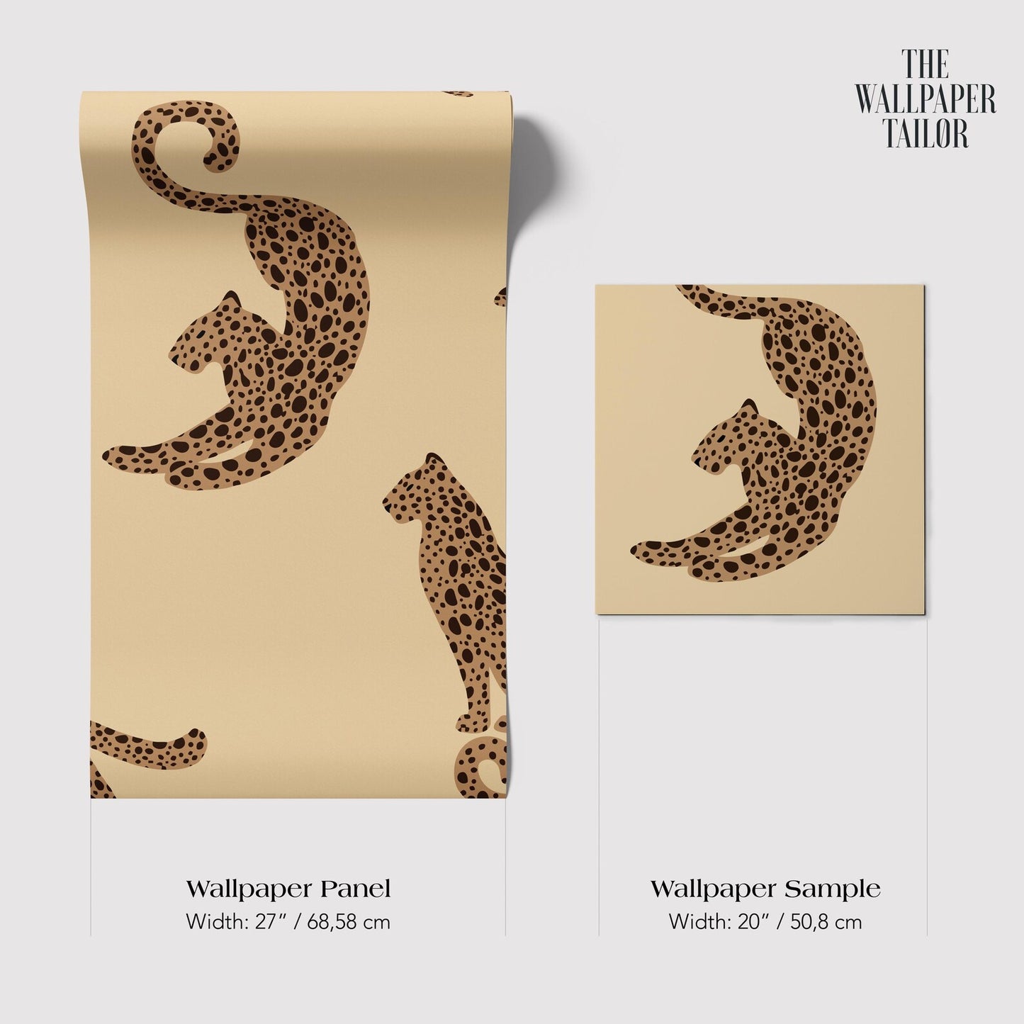 The image is a wallpaper panel and a wallpaper sample, both featuring a leopard print design.