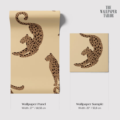The image is a wallpaper panel and a wallpaper sample, both featuring a leopard print design.
