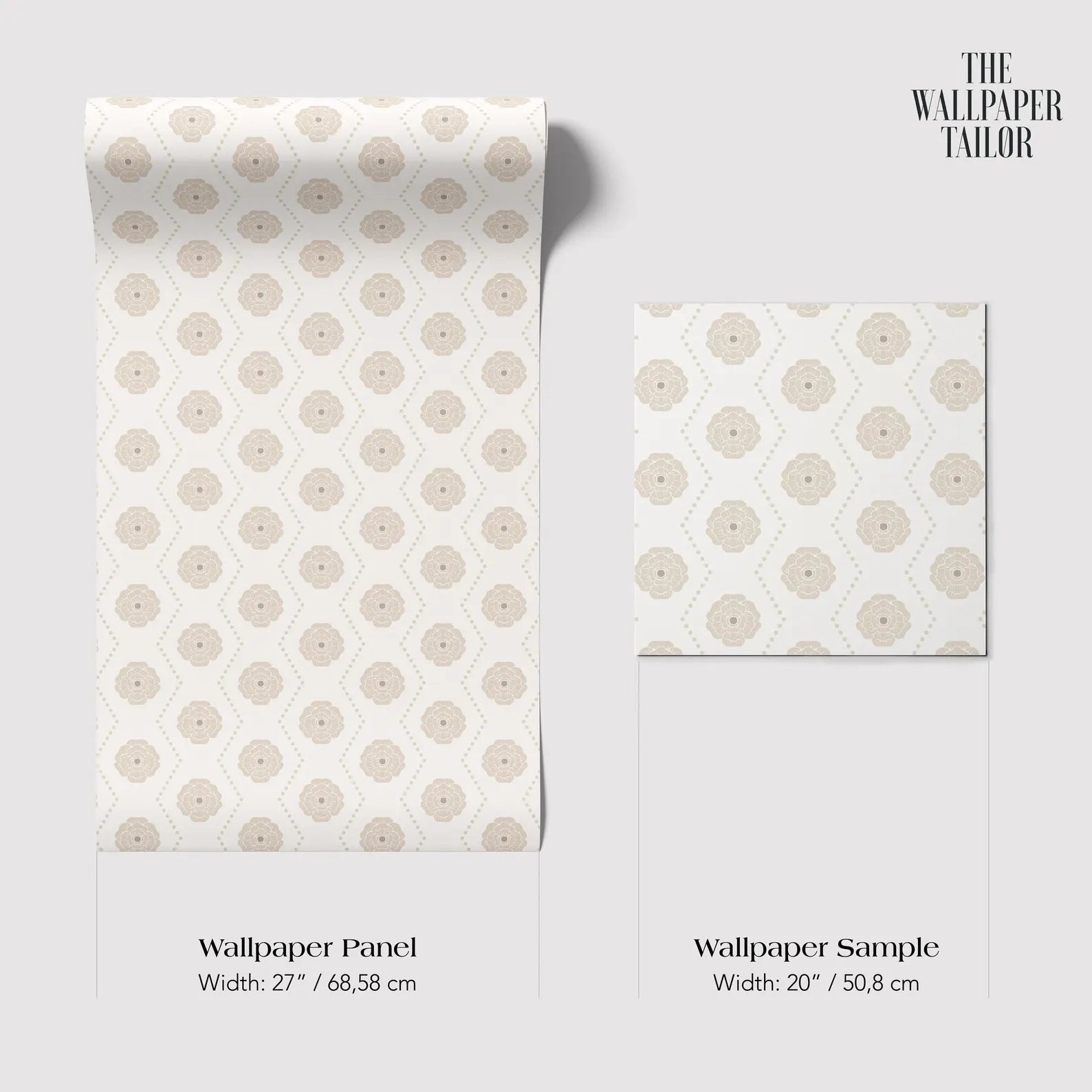 two rolls of wallpaper with a repeating pattern of circles on a white background. The rolls are labeled as "Wallpaper Panel" and "Wallpaper Sample" with their respective widths: 27 inches (68.58 cm) and 20 inches (50.08 cm).
