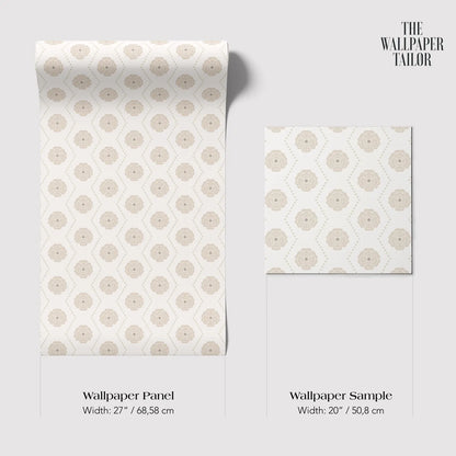two rolls of wallpaper with a repeating pattern of circles on a white background. The rolls are labeled as "Wallpaper Panel" and "Wallpaper Sample" with their respective widths: 27 inches (68.58 cm) and 20 inches (50.08 cm).