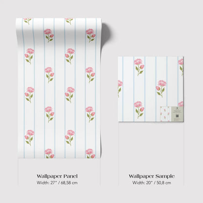 two different wallpaper samples with a repeating pattern of pink flowers on a white background. The text provides the widths of the samples in centimeters.