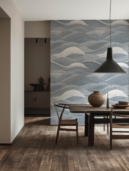 a dining room with a wooden table and chairs