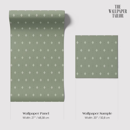 two different sizes of a wallpaper panel with a repeating pattern of small white dots on a green background.
