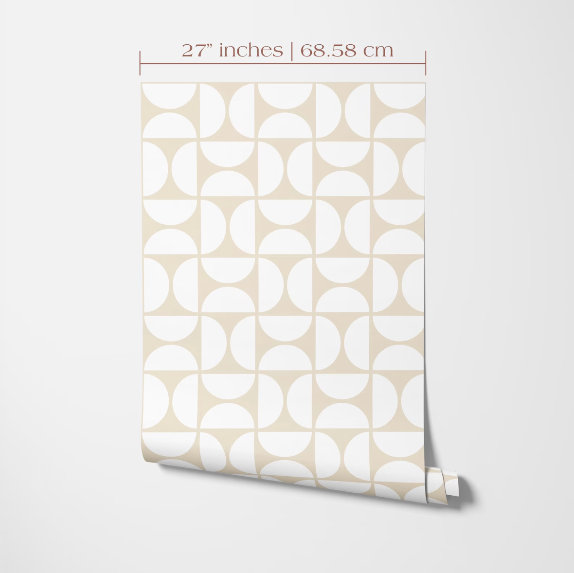 a patterned wallpaper or wall covering with a repeating geometric design of circles and ovals in various shades of beige.