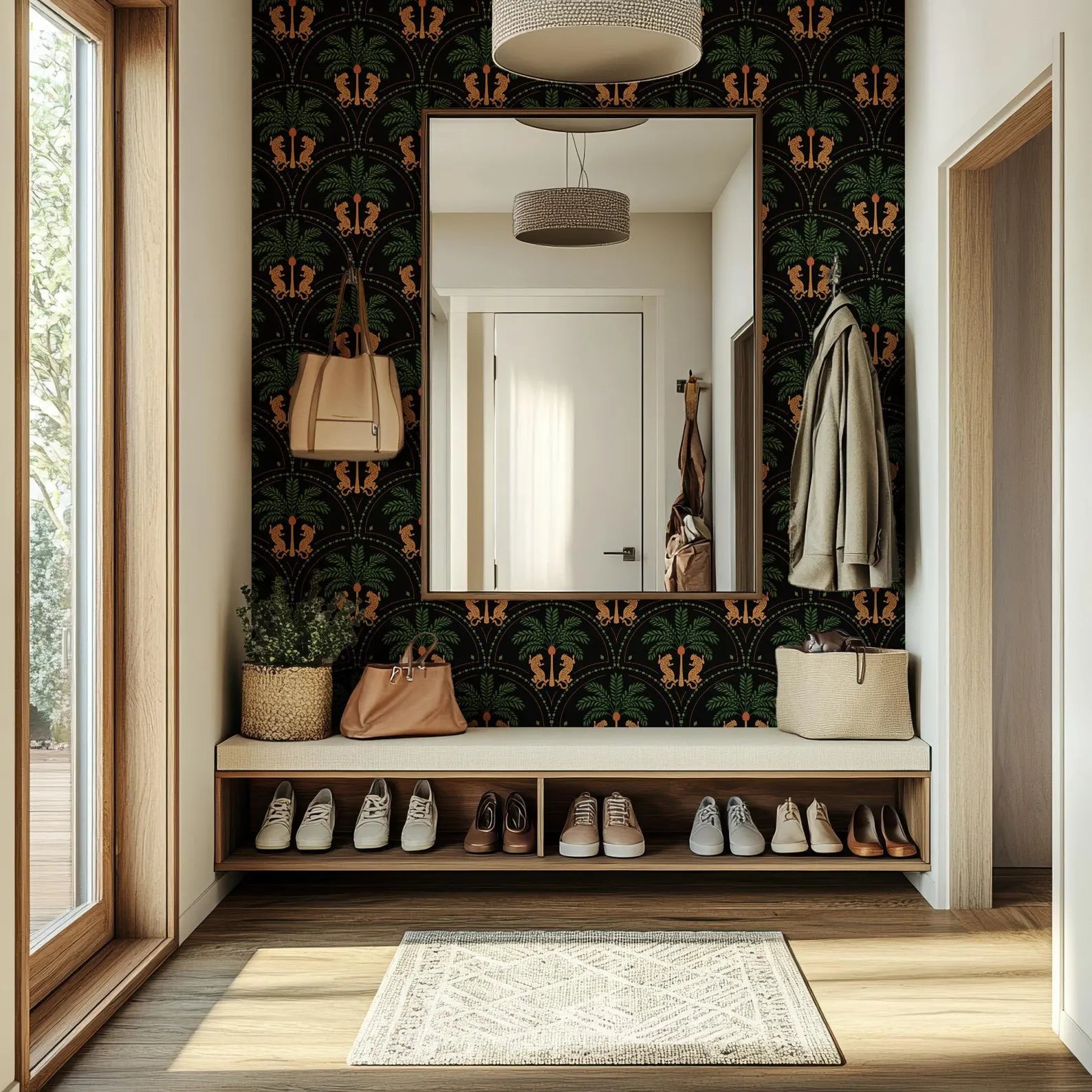 a well-organized entryway with a large mirror, a shelf with shoes, and a decorative wall with a tropical pattern.