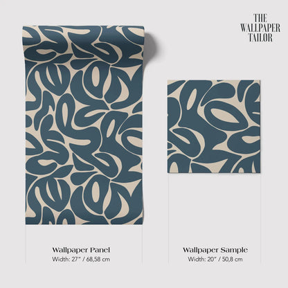 two wallpaper samples with a blue abstract pattern. The text provides the dimensions of the wallpaper panels and the wallpaper sample.