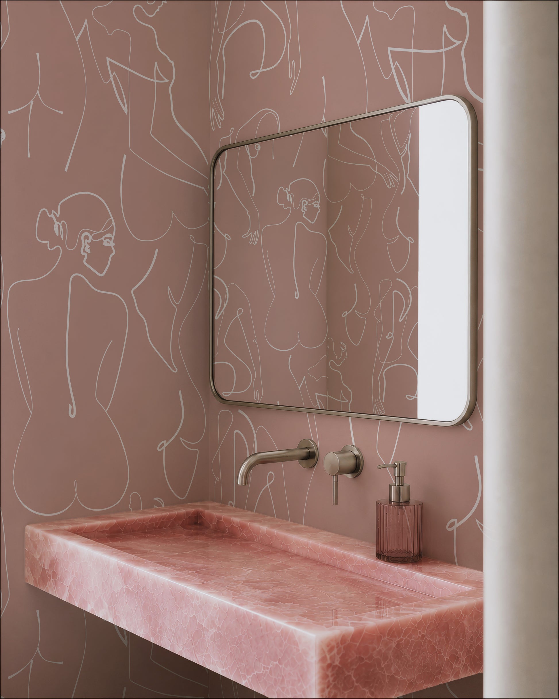 a bathroom with a pink marble sink, a mirror, and a pink soap dispenser. The bathroom has a pink and white color scheme, with a pink marble sink and a pink wall with a white pattern.