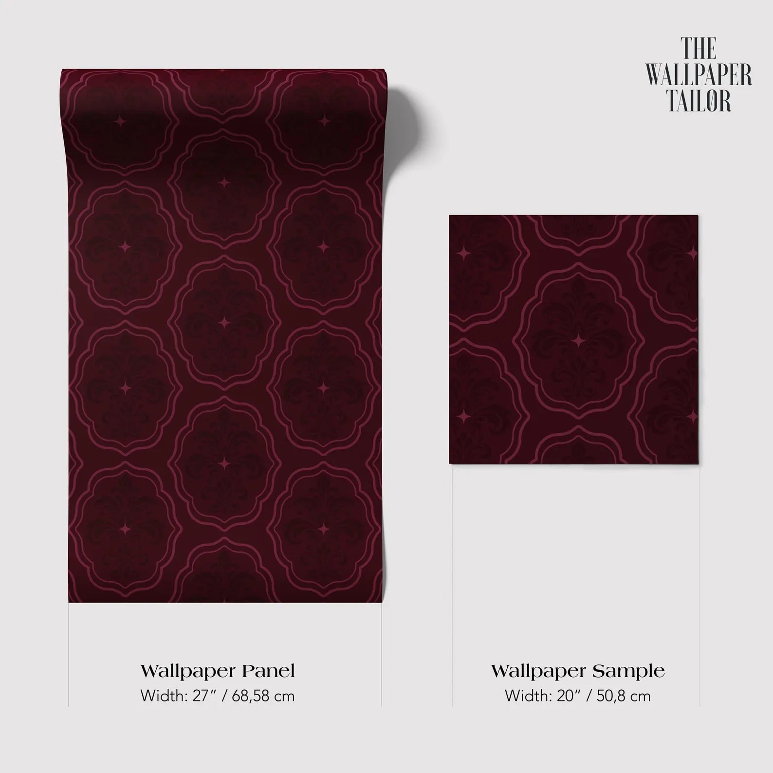 two different wallpaper panels with a maroon color scheme. The text provides information about the width of the wallpaper panels, which are 27/68 inches wide and 50/8 inches wide, respectively.
