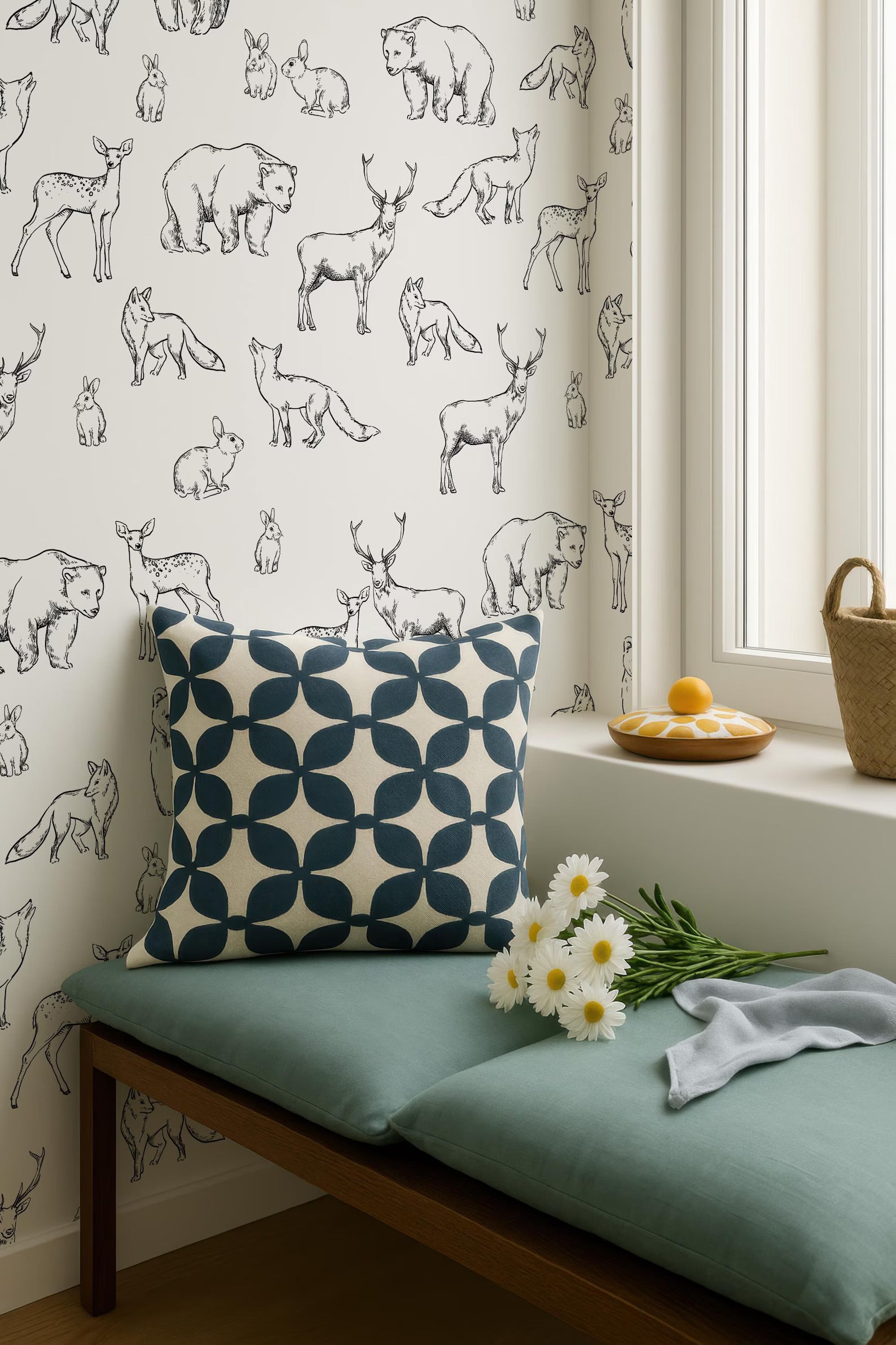 a wallpapered wall with a pattern of various animals, including deer, bears, and rabbits, as well as a window sill with a basket and a bouquet of white flowers.