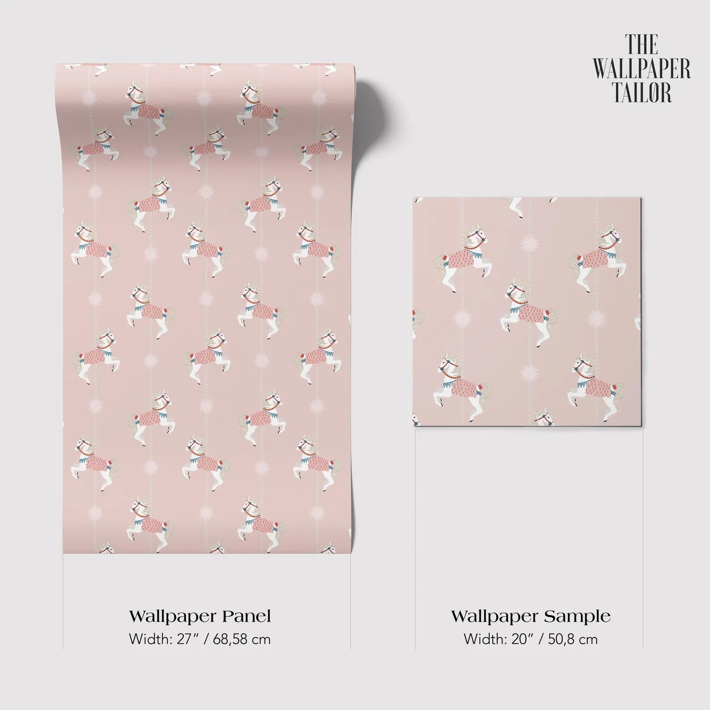 two identical patterns of pink horses on a white background. The text below the images provides information about the size of the wallpaper panel and the wallpaper sample.