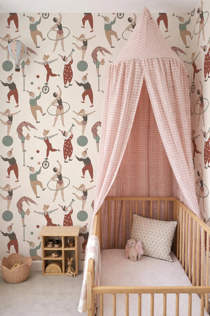 a nursery room with a wooden crib, a canopy bed, and a colorful circus-themed wallpaper.