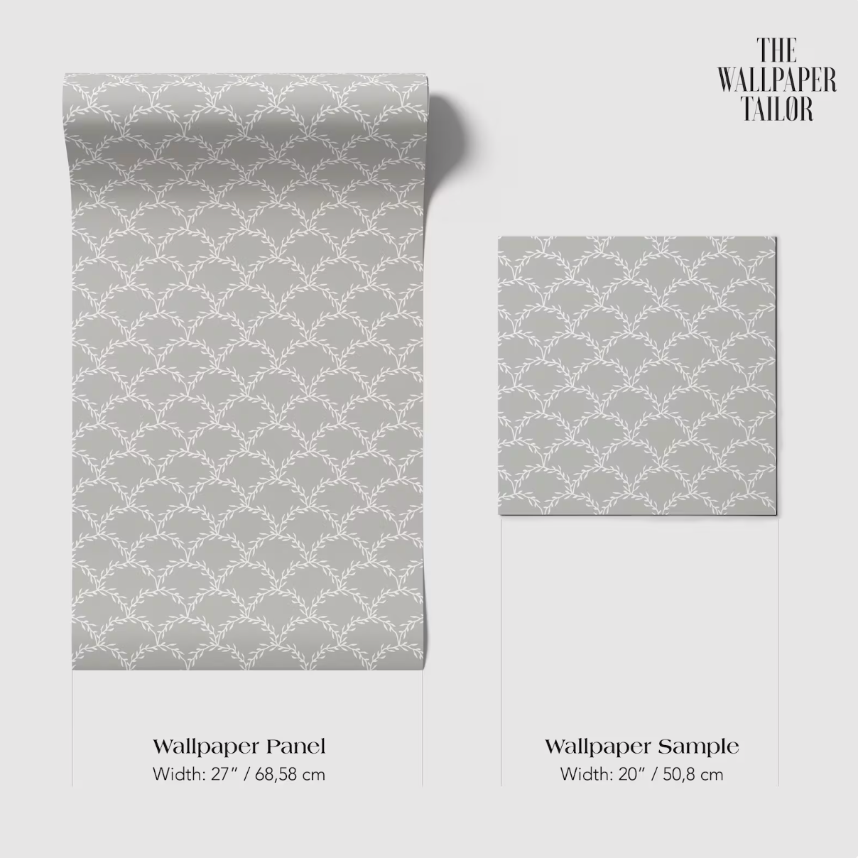 a wallpaper panel and a wallpaper sample, both with a gray floral pattern. The wallpaper panel is wider at 27 inches (68.58 cm) and the wallpaper sample is wider at 20 inches (50.8 cm).