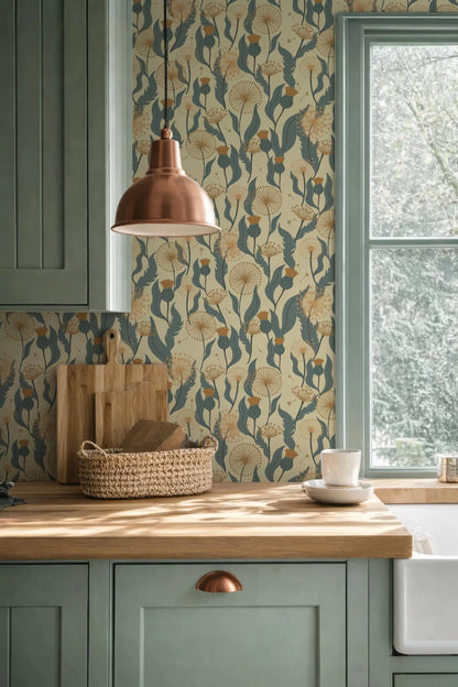 a kitchen with a wooden countertop, a woven basket, a copper pendant light, and a window with a view of trees outside.