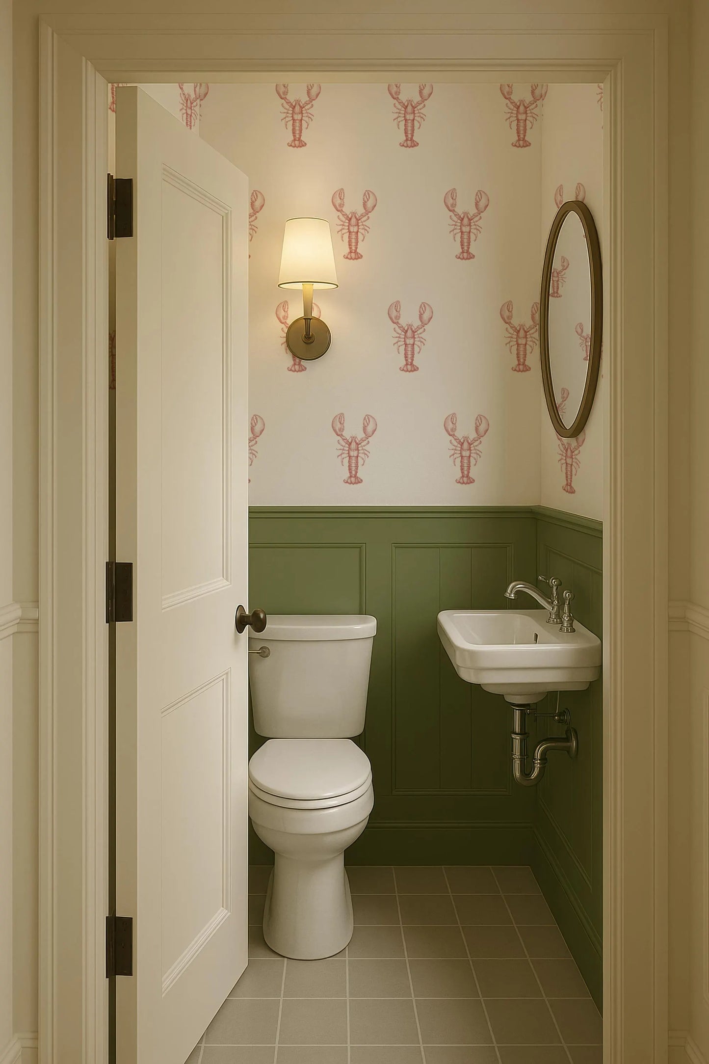 a small bathroom with a white toilet and sink, both of which are white. The walls are decorated with a pattern of red lobster illustrations, and the floor is tiled. The door is open, revealing the bathroom interior.