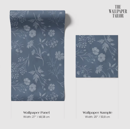 two different wallpaper panels with a floral pattern. The text provides information about the width of the wallpaper panels, including their dimensions and the material used.