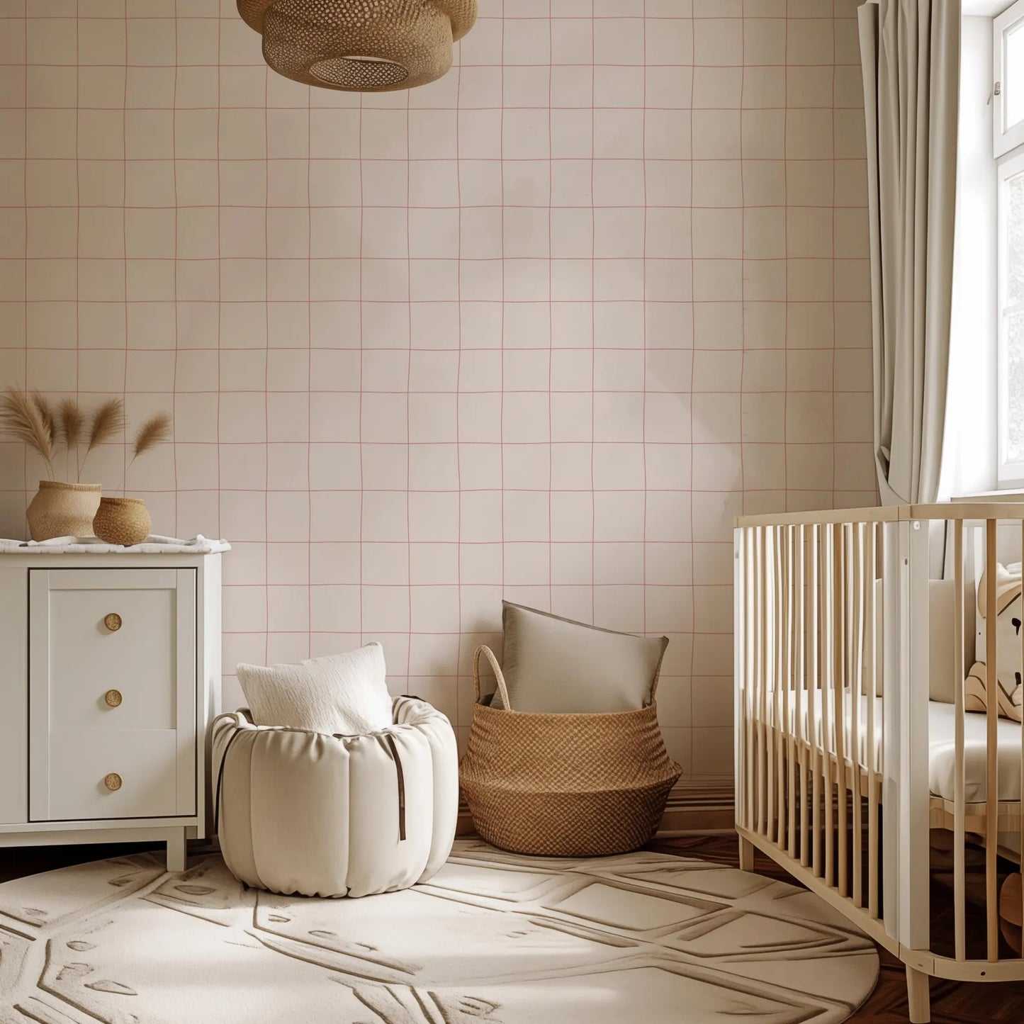 a cozy nursery room with a crib, a white dresser, and a woven basket. The room has a pink and white color scheme, and the furniture appears to be made of natural materials, such as wood and woven fabric.
