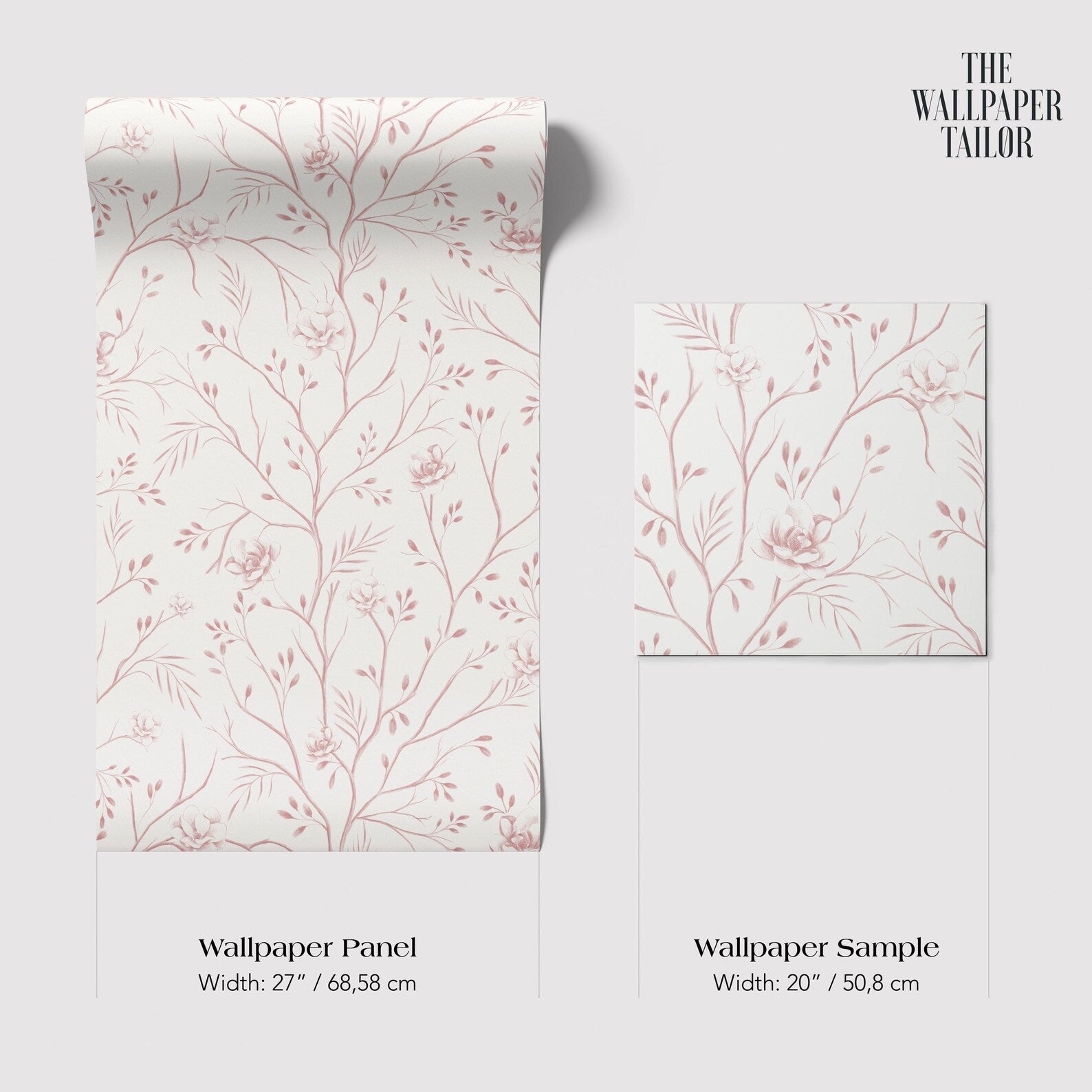 two different wallpaper samples with a floral pattern. The text provides information about the width of the wallpaper panels and the wallpaper sample.