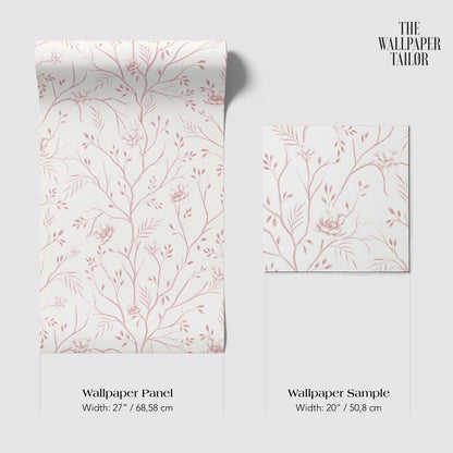two different wallpaper samples with a floral pattern. The text provides information about the width of the wallpaper panels and the wallpaper sample.