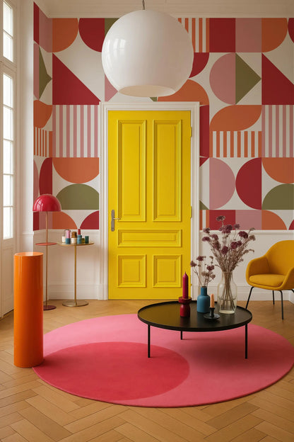 a vibrant and eclectic living room with a bold yellow door, a pink circular rug, and a black coffee table with various decorative items.