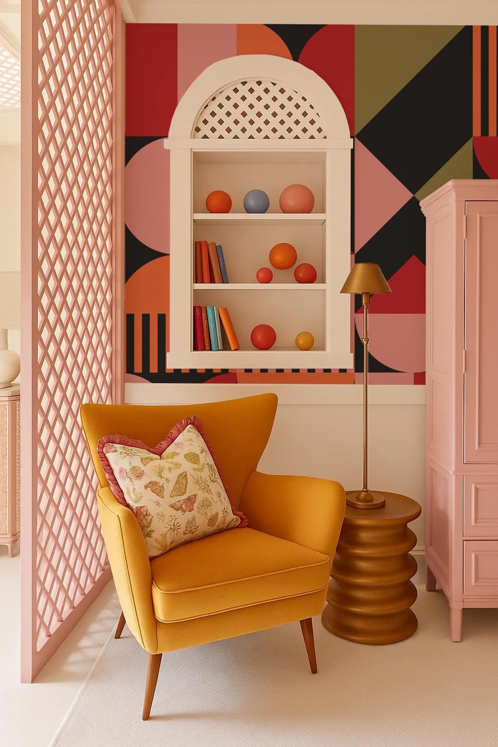 a vibrant and eclectic living space with a yellow armchair, a wooden side table, and a bookshelf filled with colorful balls. The room has a bold geometric pattern on the walls, creating a visually striking and lively atmosphere.