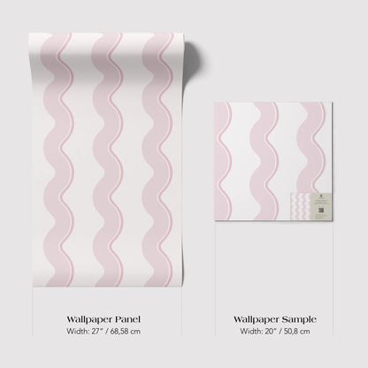 two different sizes of a wallpaper panel with a pink and white wavy pattern. The larger wallpaper panel is wider than the smaller one, with a width of 27 inches (68.58 cm) and a width of 20 inches (50.8 cm).