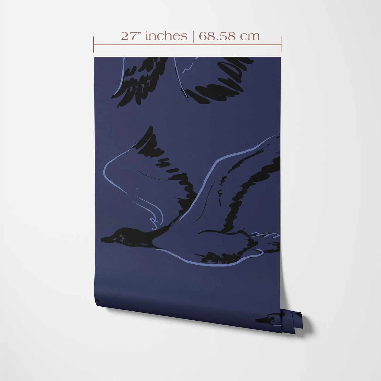 The image is a poster or artwork featuring a stylized bird or bird-like figure in a dark blue background. The bird appears to be in flight, with its wings spread out. The image is described as having a size of 27 inches by 68.58 centimeters.