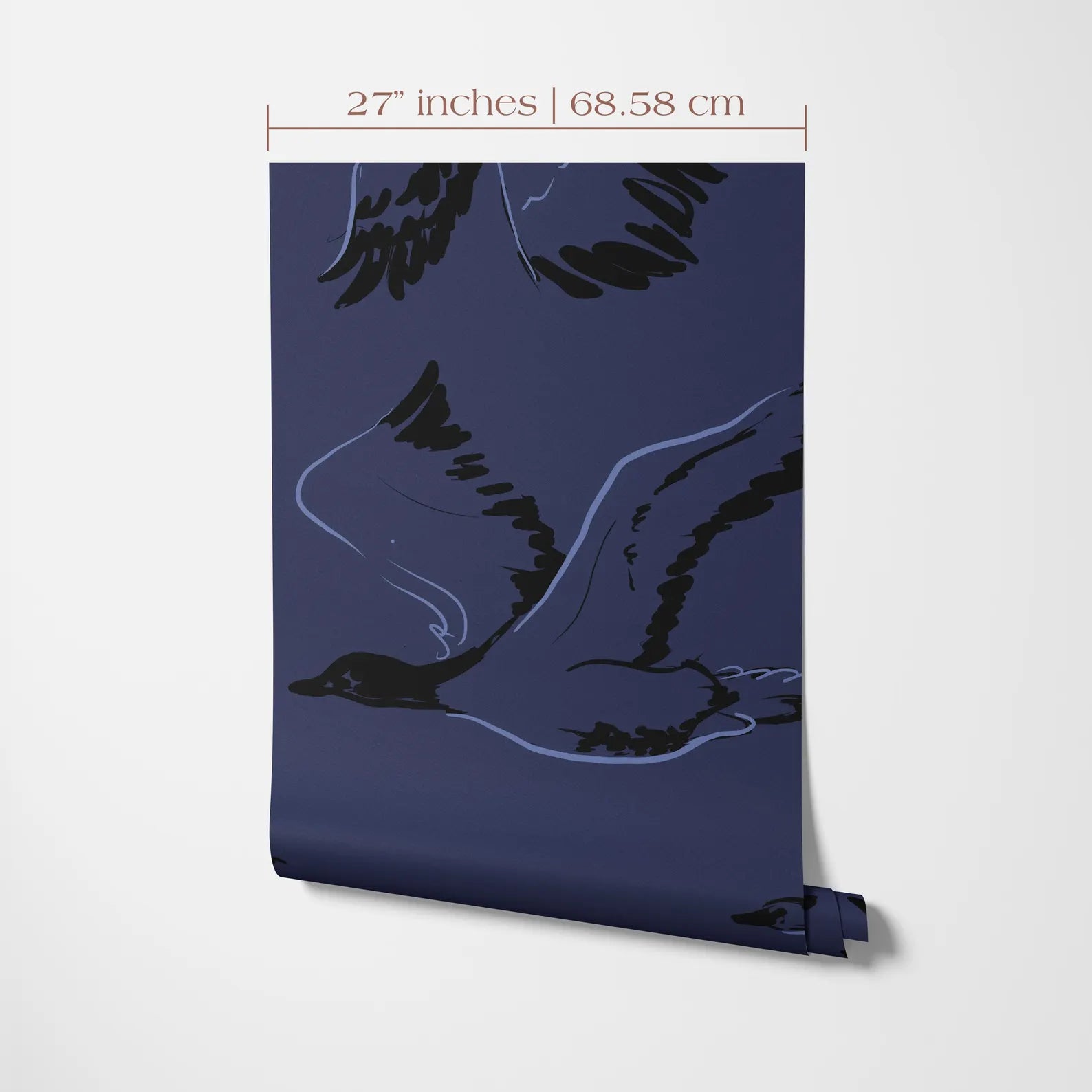 The image is a poster or artwork featuring a stylized bird or bird-like figure in a dark blue background. The bird appears to be in flight, with its wings spread out. The image is described as having a size of 27 inches by 68.58 centimeters.