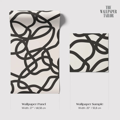 two different sizes of a black and white abstract pattern wallpaper panel and a smaller square wallpaper sample.
