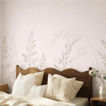 a cozy bedroom scene with a wooden headboard and a bed covered in white and beige striped pillows. The wall behind the bed has a floral pattern, adding a touch of nature to the room.