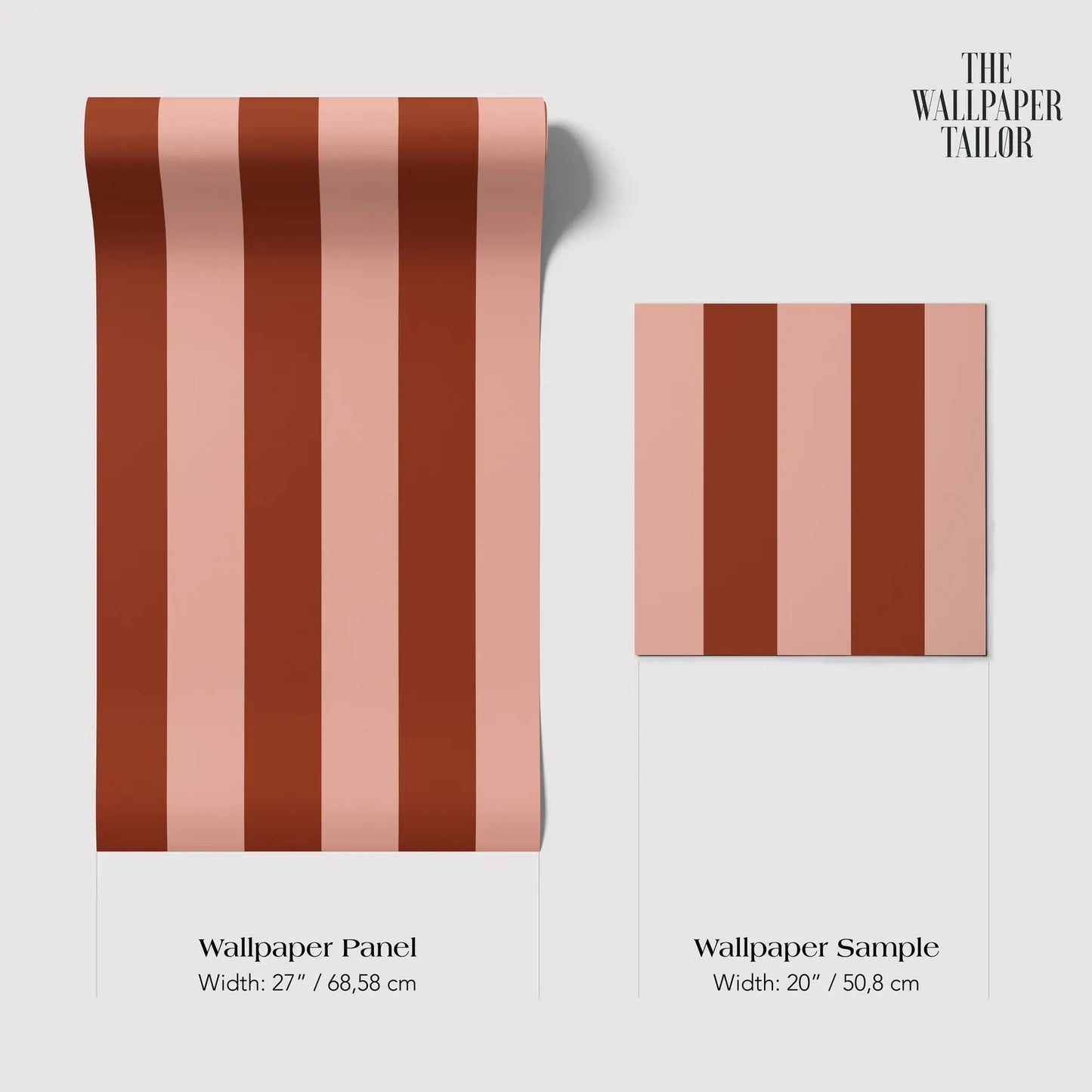 two different sizes of a wallpaper panel with a striped pattern in shades of peach and coral. The larger panel is wider at 21" x 68" and the smaller one is wider at 20" x 50". The text below the images provides the dimensions of the wallpaper samples.