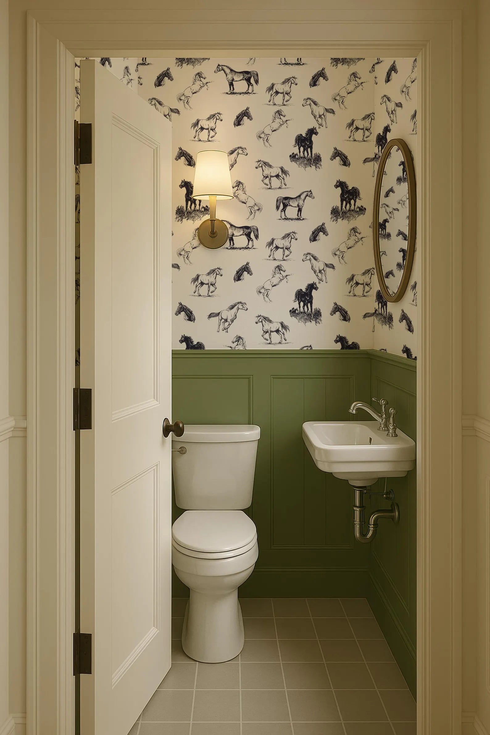 a bathroom with a white toilet and a white sink, both set against a wall with a pattern of black and white horses. The door is open, revealing the interior of the bathroom.