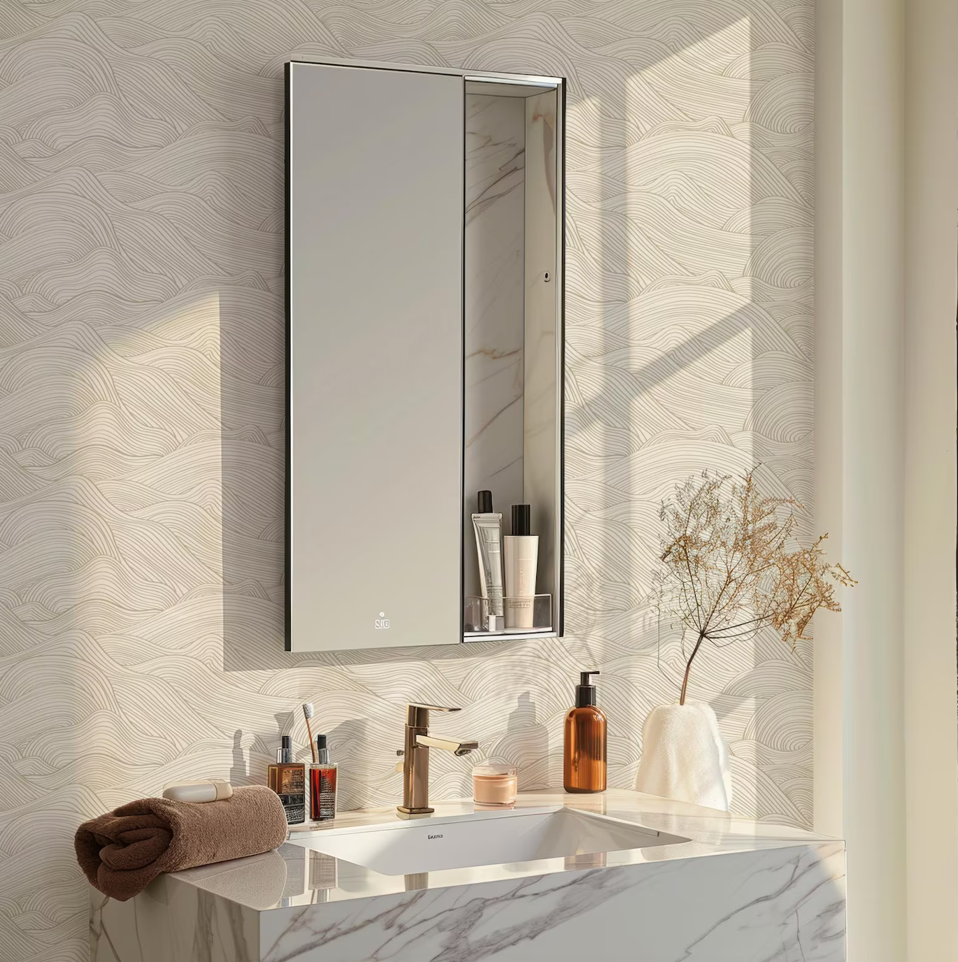 a bathroom sink with a mirror above it