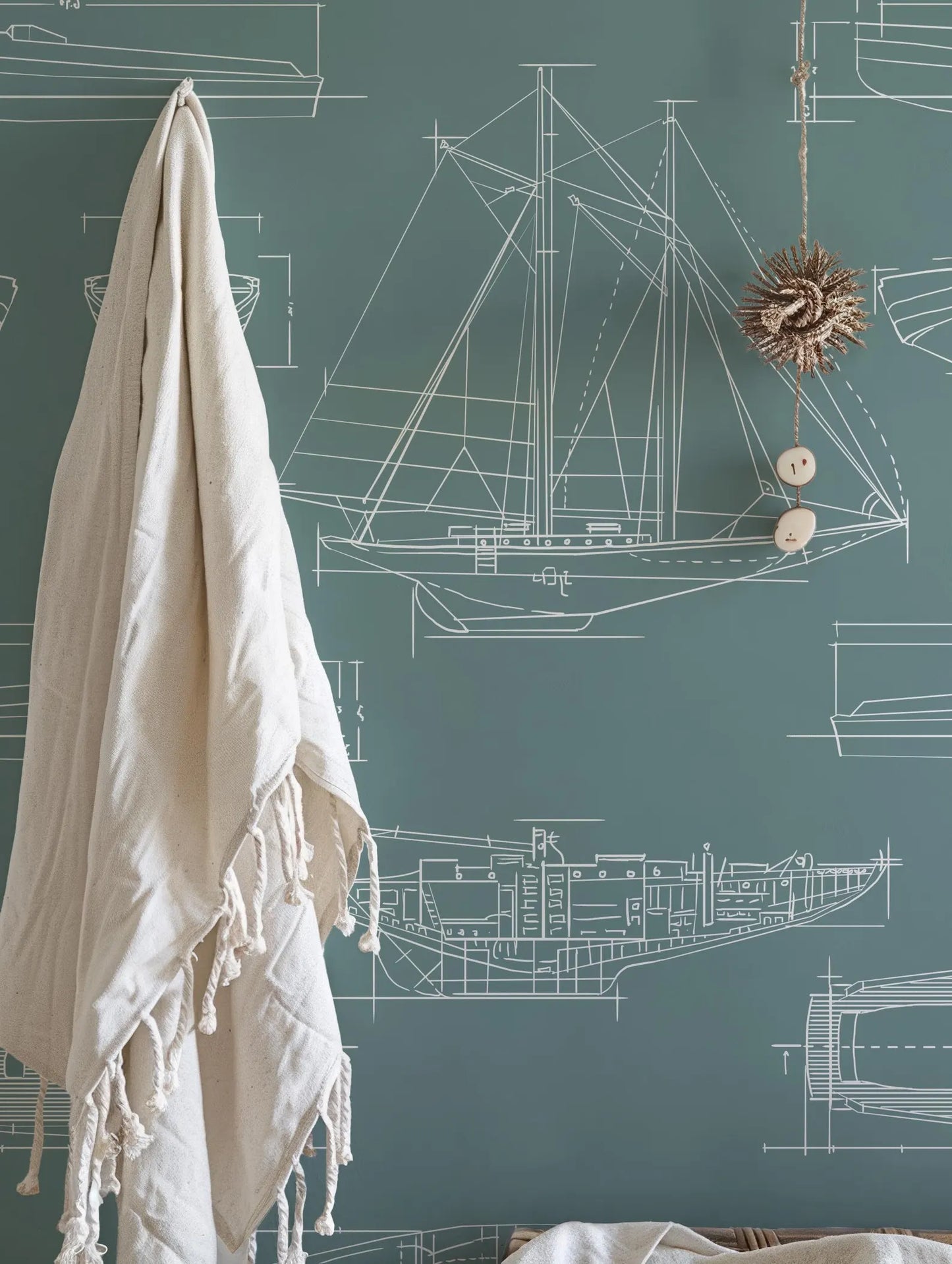 a wall with a large drawing of a ship, along with a towel hanging on the wall and a decorative item hanging from the ceiling.