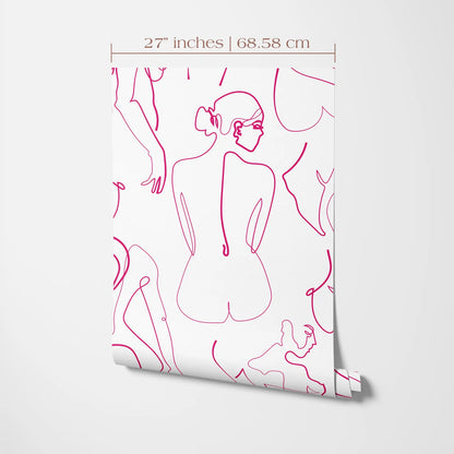 The image is a poster or artwork featuring a repeating pattern of pink lines depicting the silhouette of a woman's back.