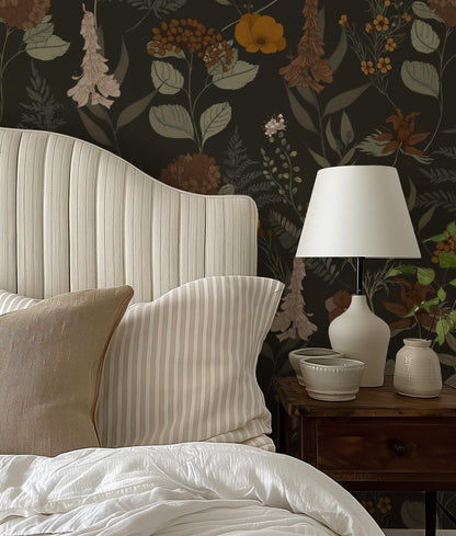 Dark Brown Botanical Wallpaper