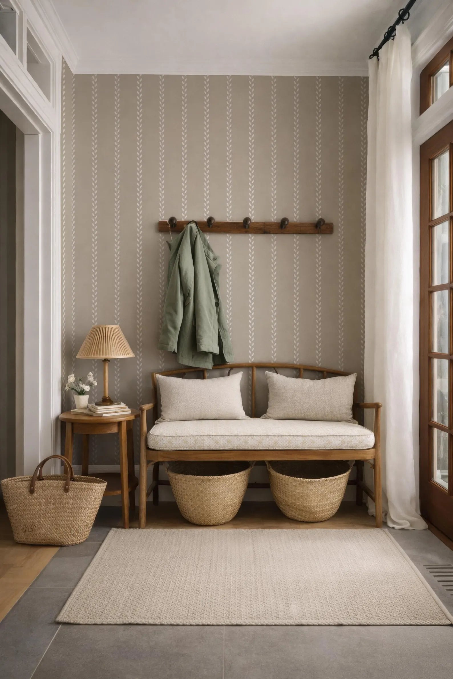 a cozy and inviting entryway with a wooden bench, a woven basket, and a wooden coat rack. The walls are adorned with a striped wallpaper, and a large window with white curtains allows natural light to enter the space.