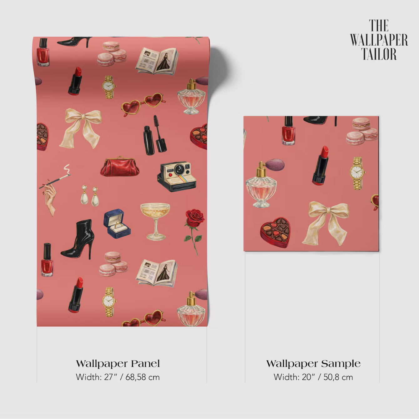 The image is a wallpaper panel and a wallpaper sample, both featuring a pink background with various fashion accessories such as high heels, handbags, and makeup items.