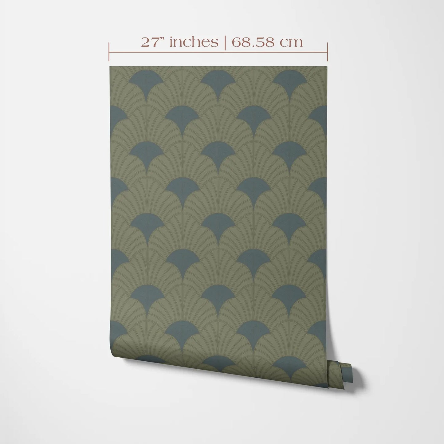 a roll of wallpaper with a repeating pattern of green and brown leaves or blades, which appears to be a decorative design.