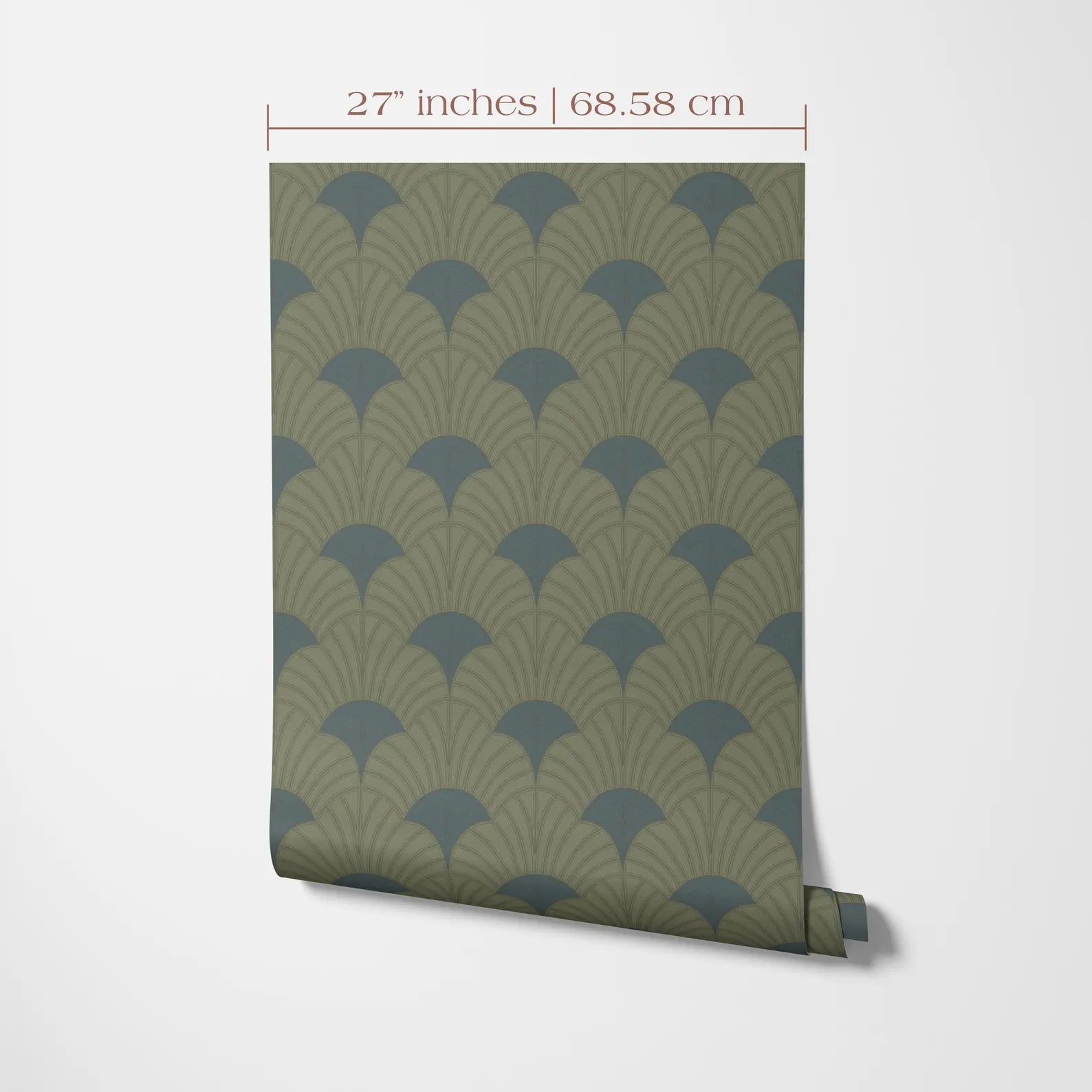a roll of wallpaper with a repeating pattern of green and brown leaves or blades, which appears to be a decorative design.