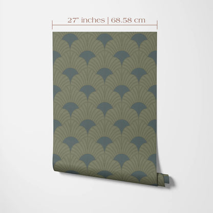 a roll of wallpaper with a repeating pattern of green and brown leaves or blades, which appears to be a decorative design.
