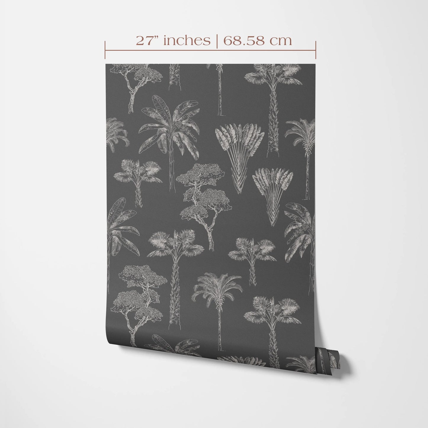 a black and white pattern of palm trees on a wall, with the text indicating the size of the pattern in inches and centimeters.