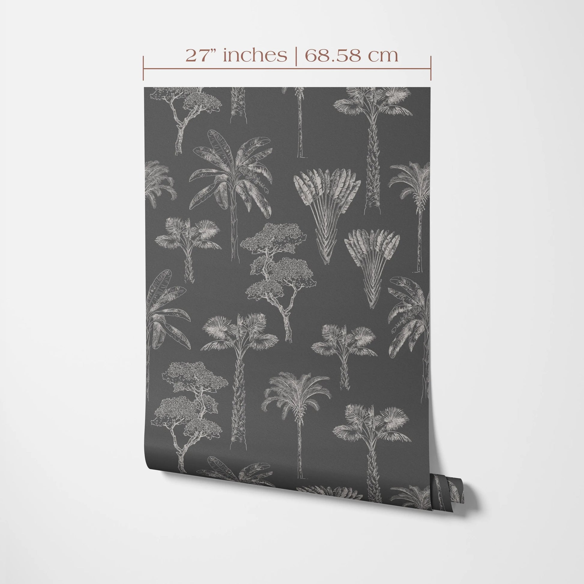 a black and white pattern of palm trees on a wall, with the text indicating the size of the pattern in inches and centimeters.