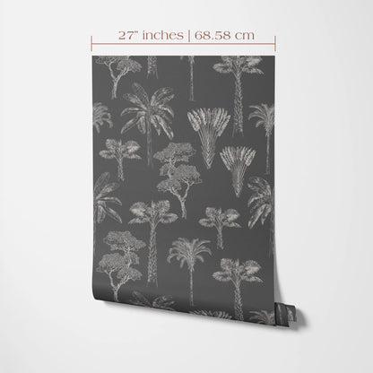 a black and white pattern of palm trees on a wall, with the text indicating the size of the pattern in inches and centimeters.