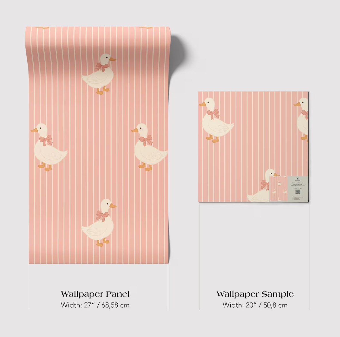 two different wallpaper panels with a repeating pattern of white ducks wearing pink bows. The text provides the dimensions of the wallpaper panels in centimeters.