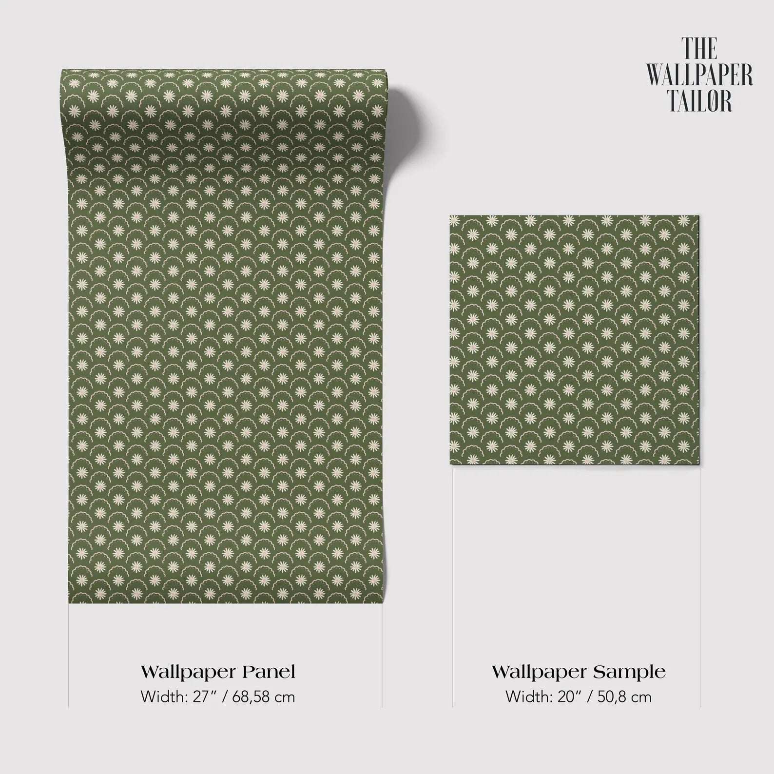 two wallpaper panels and a wallpaper sample, all featuring a repeating pattern of green circles on a white background.